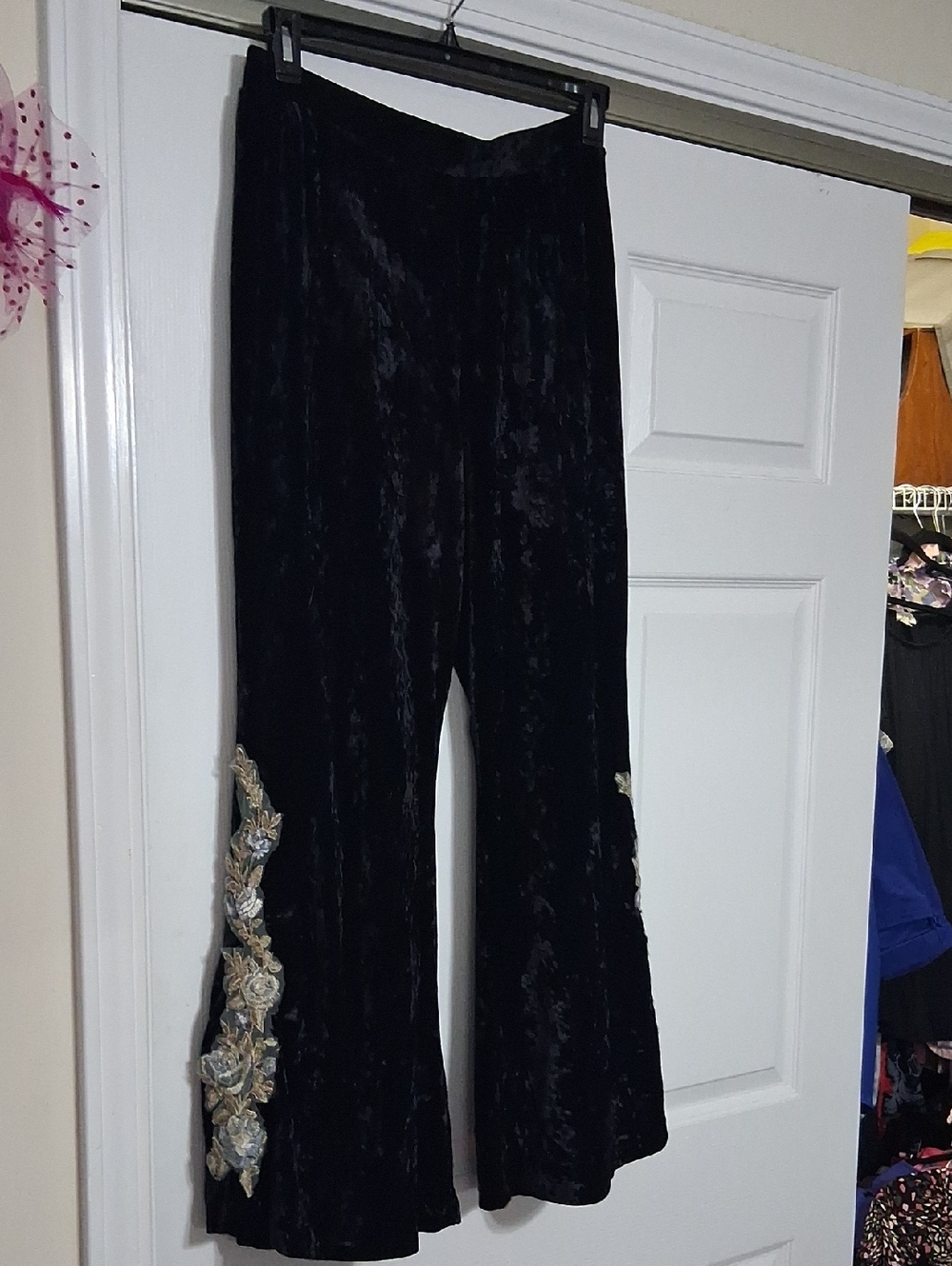 TapeMeasure NY Black Crushed Velvet Flared Pants w/ Embellished Floral Applique